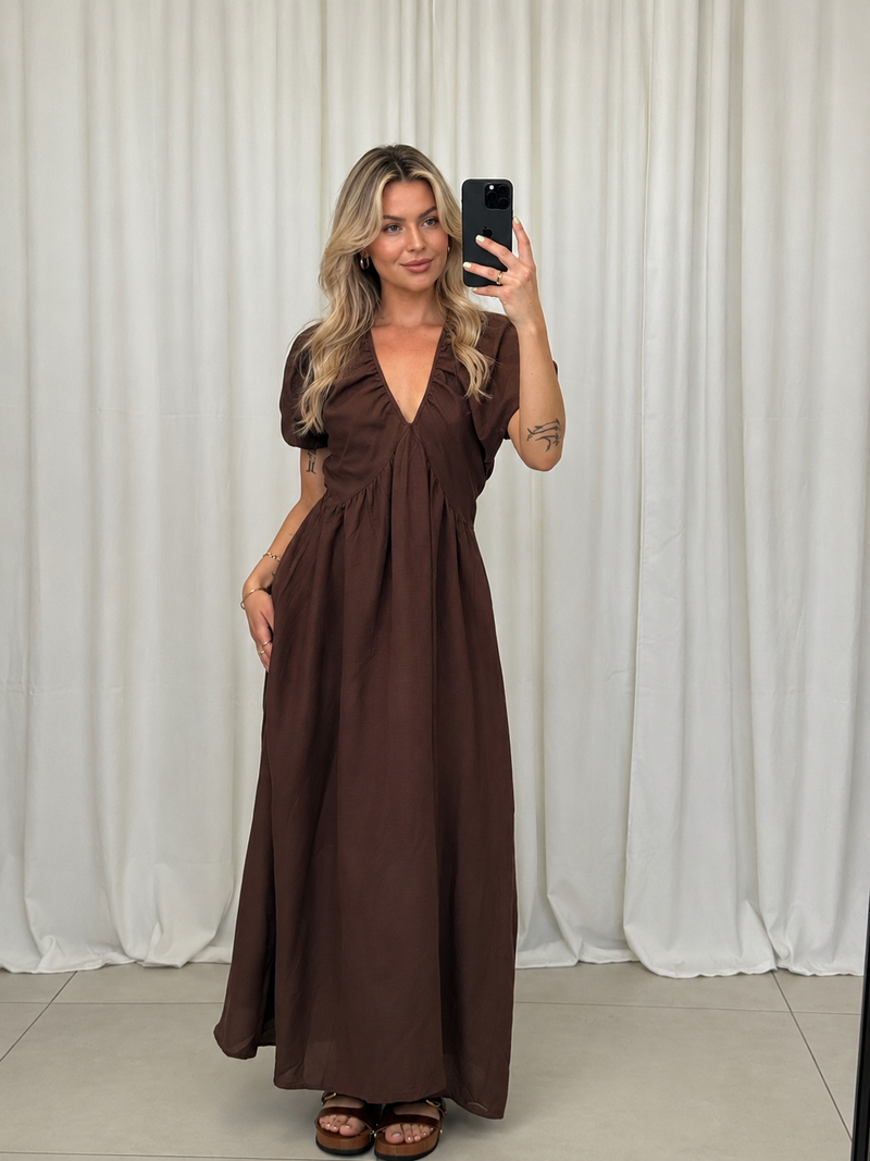 Jimena | Vestido largo con escote en V y mangas abullonadas
