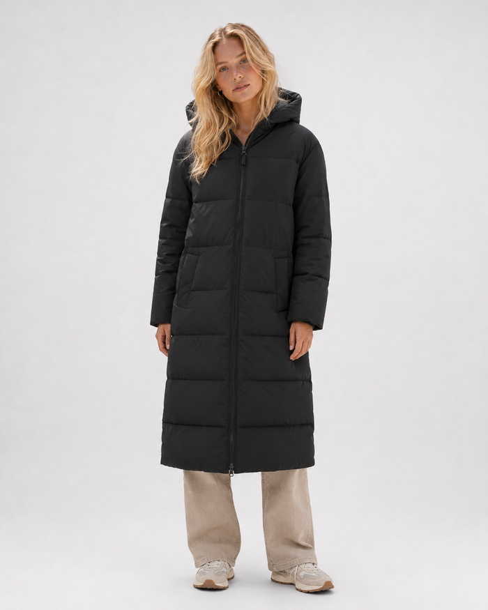 Abrigo puffer largo negro con capucha para mujer