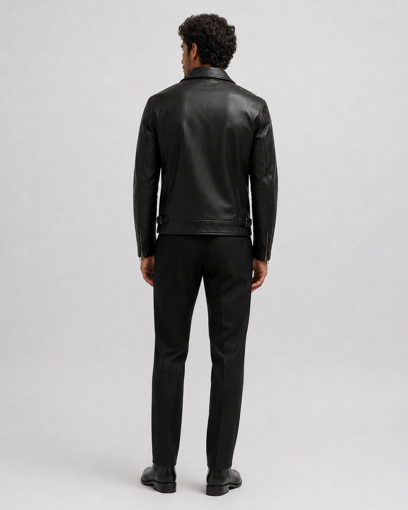 Cazadora Biker de Piel con Modelo 5, vista trasera