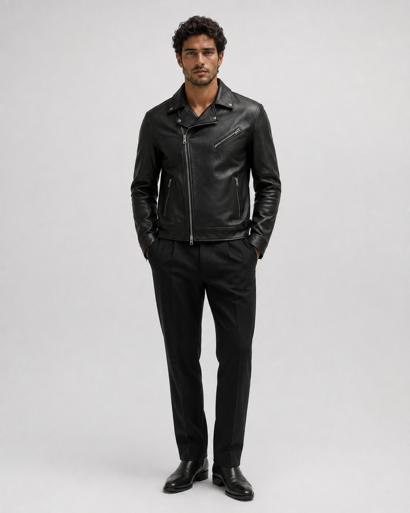 Cazadora biker negra de piel para hombre
