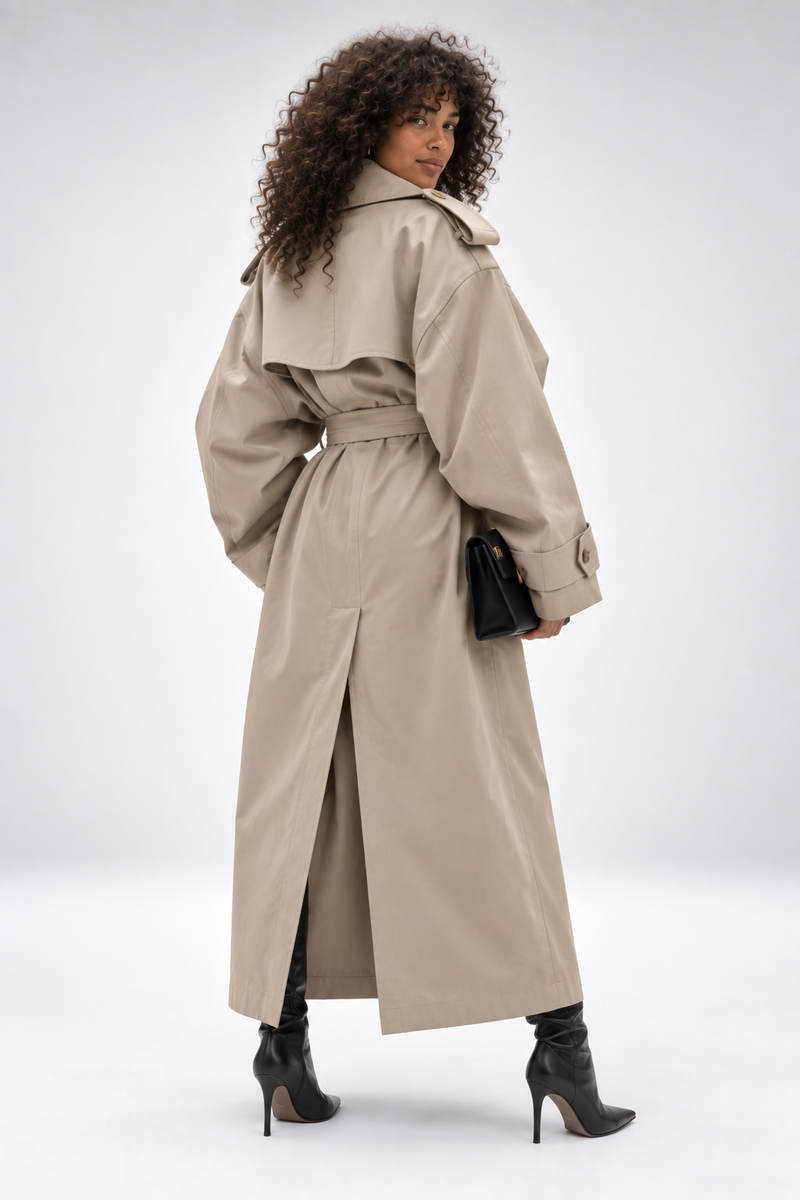 Gabardina Firenze Sculpt taupe con modelo espalda
