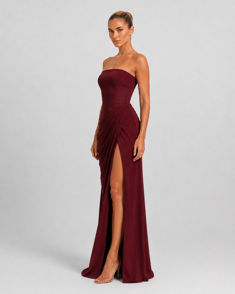 Vestido Santorini Drape burdeos - modelo 5 lateral