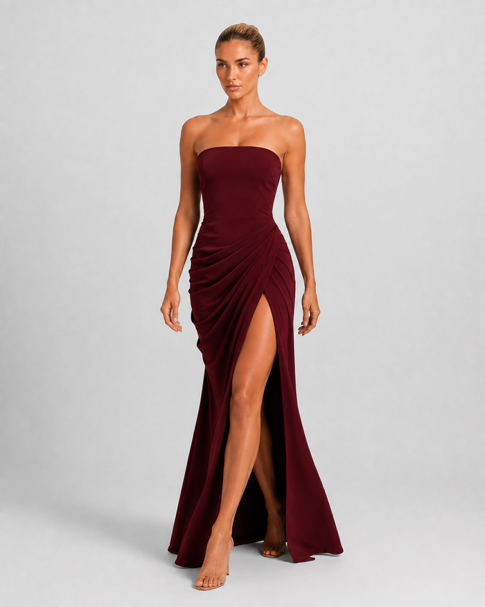 Vestido Santorini Drape burdeos - modelo 5 movimiento