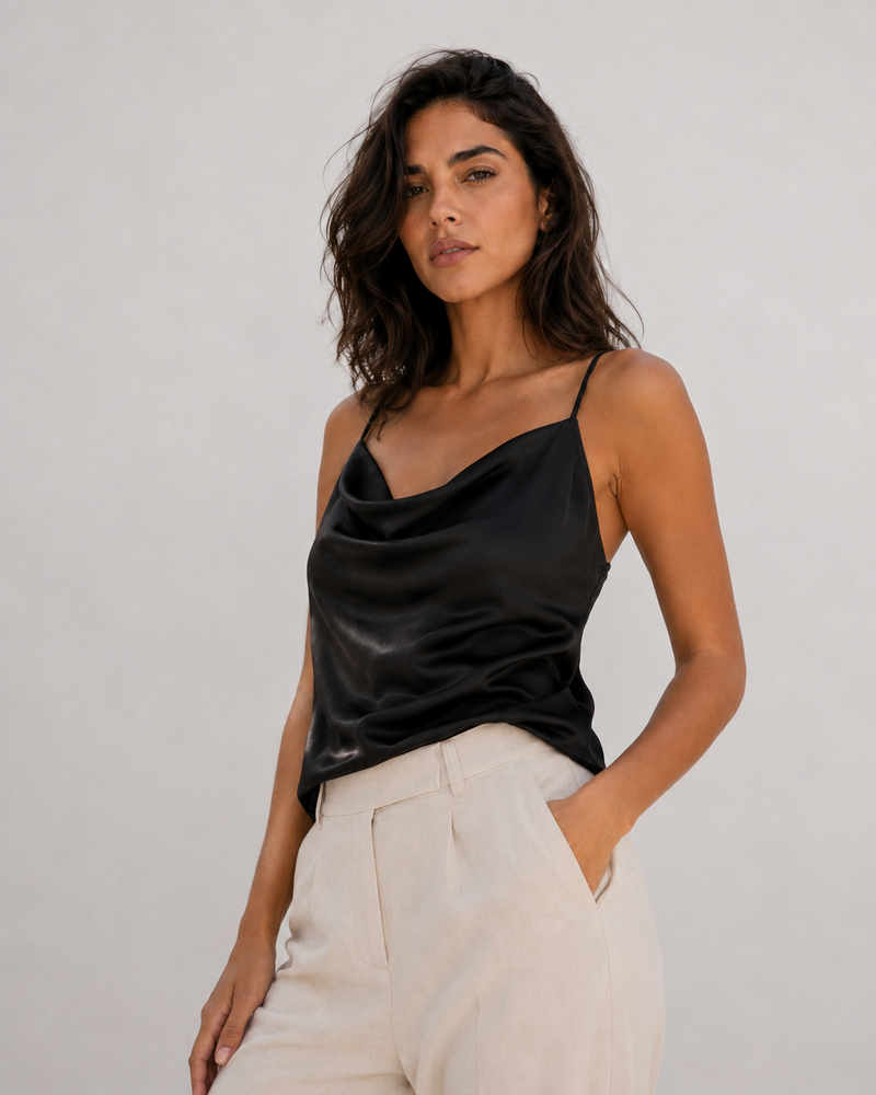 Top Capri Satin negro modelo 1 - postura alternativa