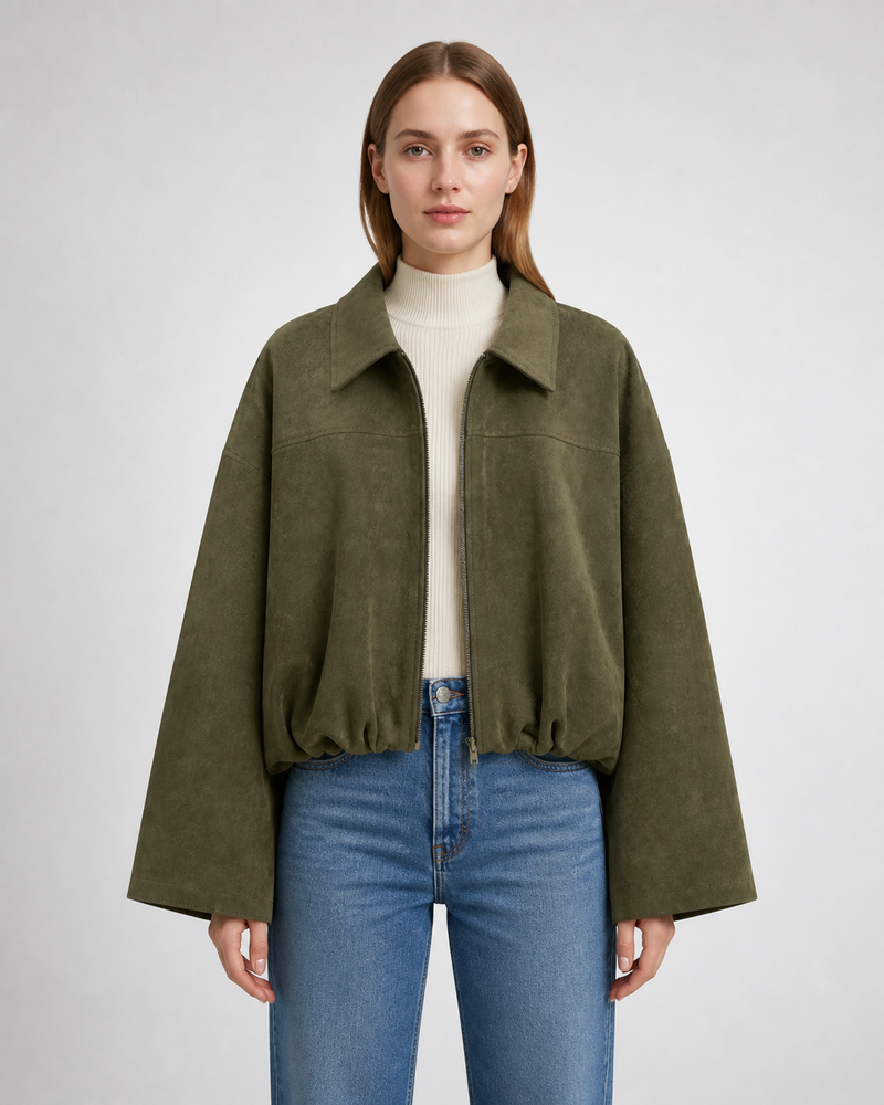 Chaqueta Bomber Efecto Ante · verde oliva · modelo frontal