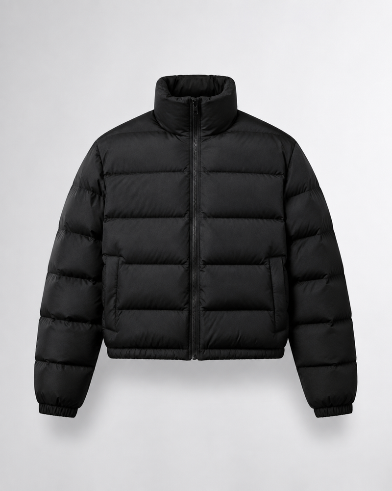 Chaqueta acolchada corta de cuello alto negra, prenda frontal