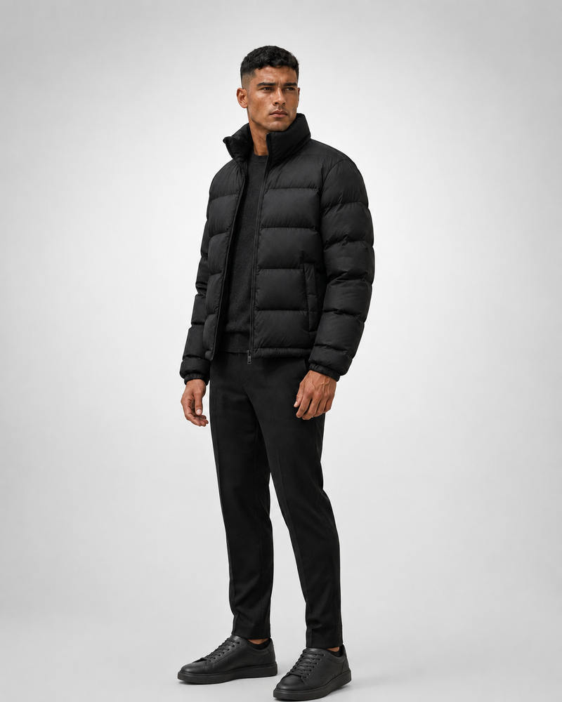 Chaqueta acolchada corta de cuello alto negra, con modelo oficial, vista 45 grados