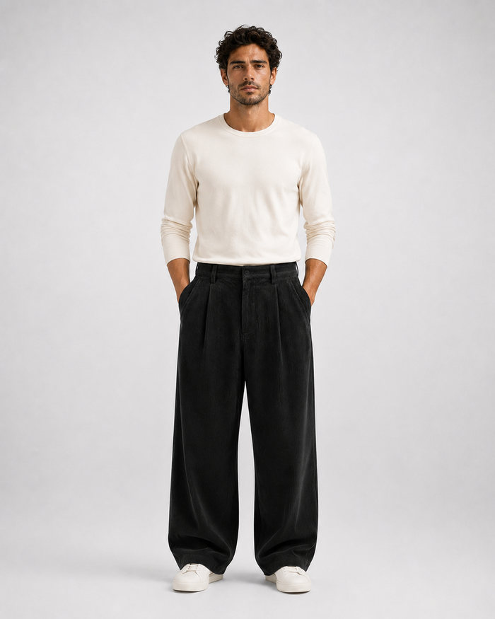 Modelo con pantalón wide leg de pana negro