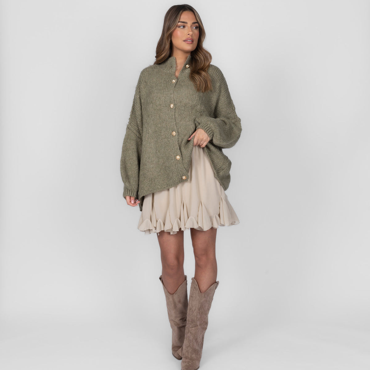 CozyGlam | Conjunto de cárdigan oversize y falda