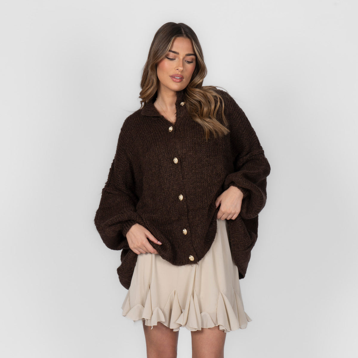 CozyGlam | Conjunto de cárdigan oversize y falda