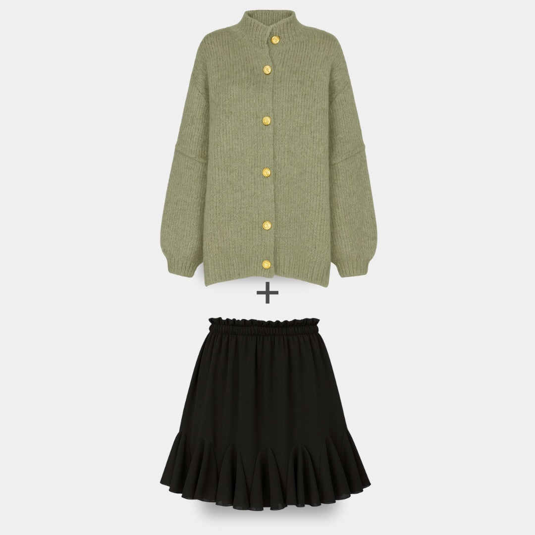 CozyGlam | Conjunto de cárdigan oversize y falda