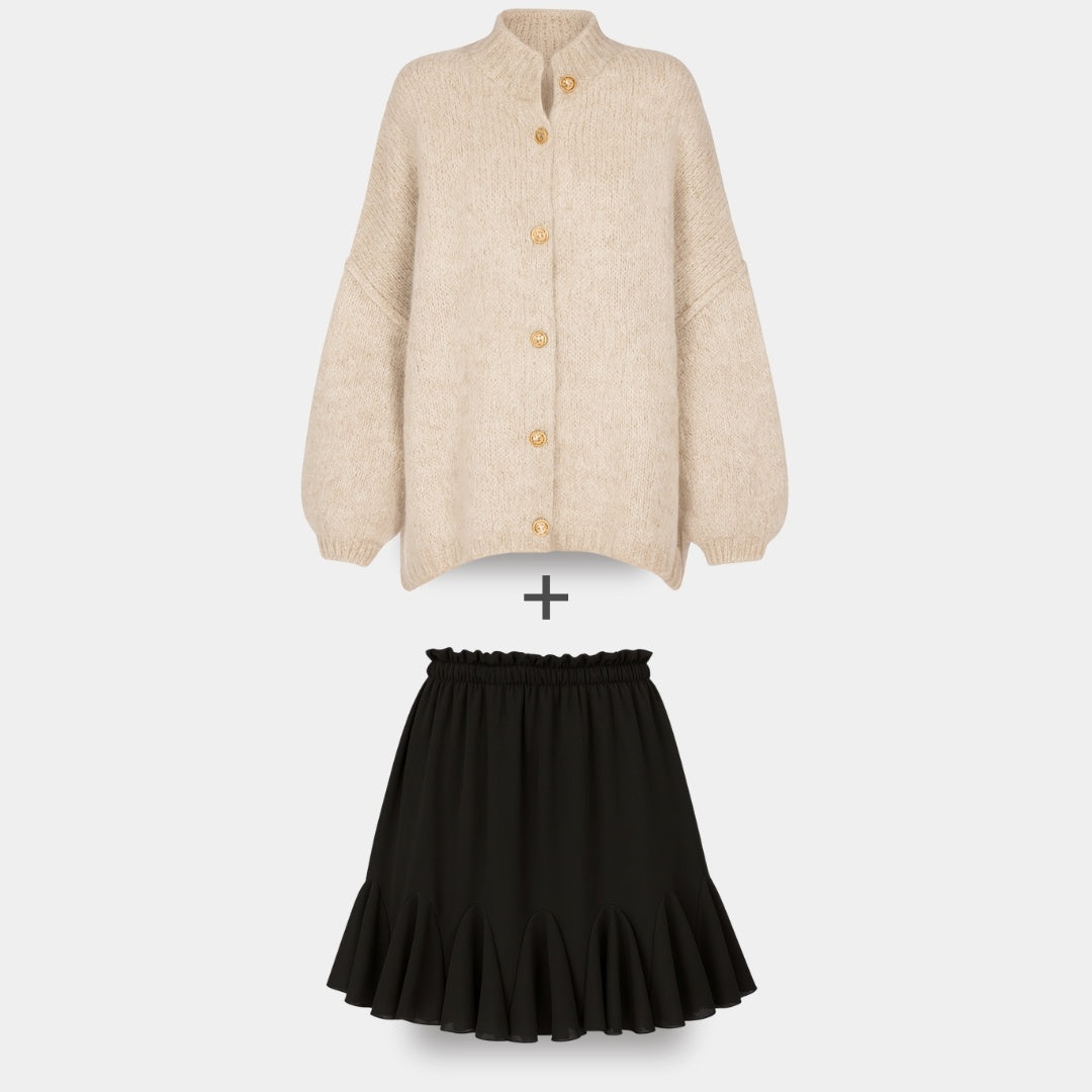 CozyGlam | Conjunto de cárdigan oversize y falda