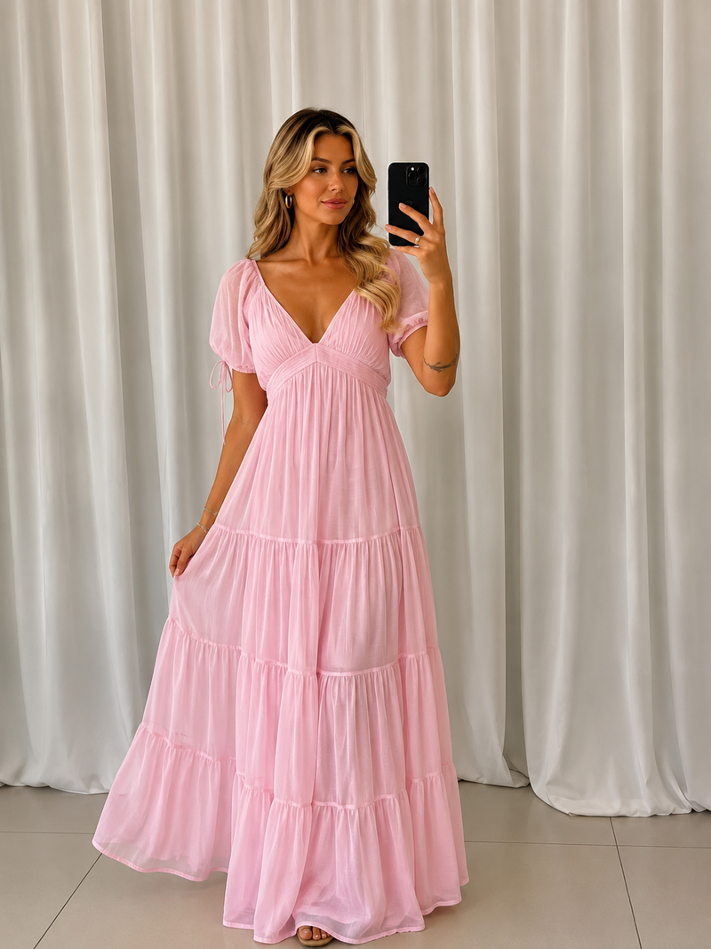 Esther | Vestido largo escalonado con mangas abullonadas