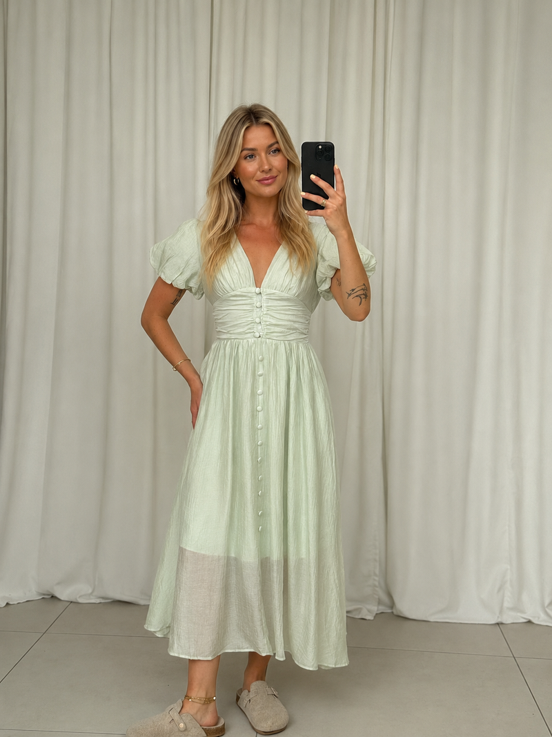 Martina | Vestido midi con botones y mangas abullonadas