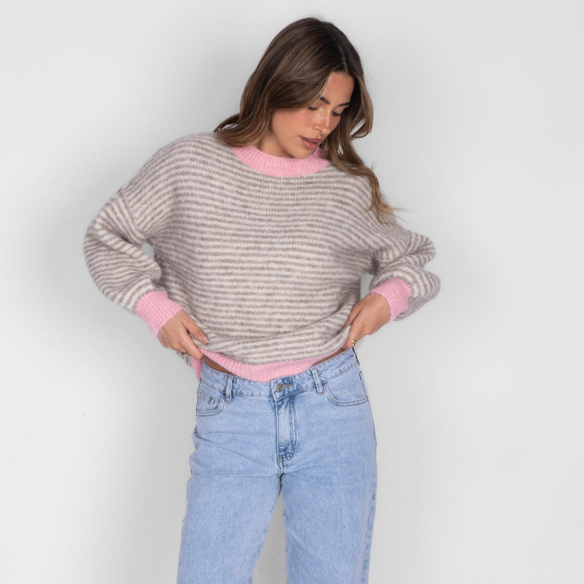 Elsa | Jersey de rayas finas con contrastes rosa