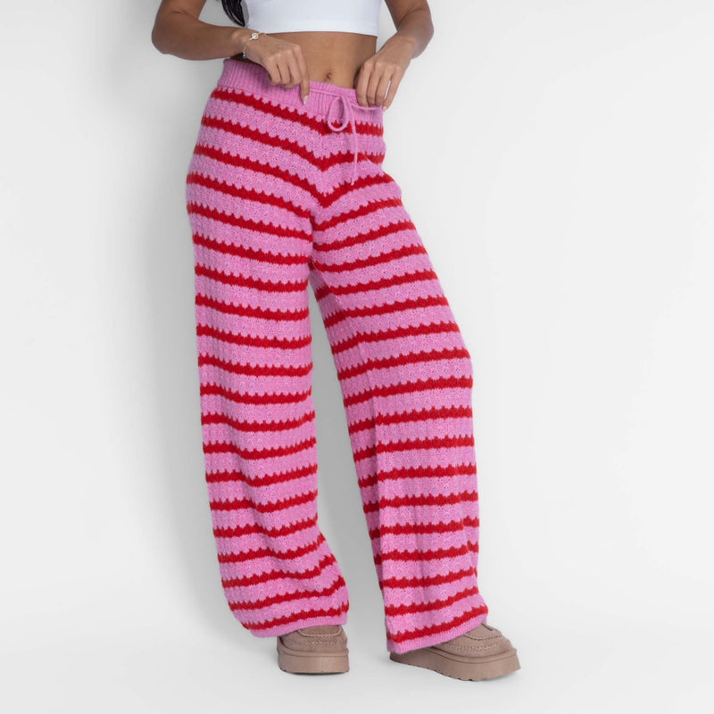 Lorea | Pantalón ancho de punto de rayas rosa