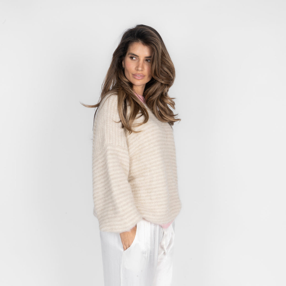 Elsa | Jersey de rayas finas con contrastes rosa