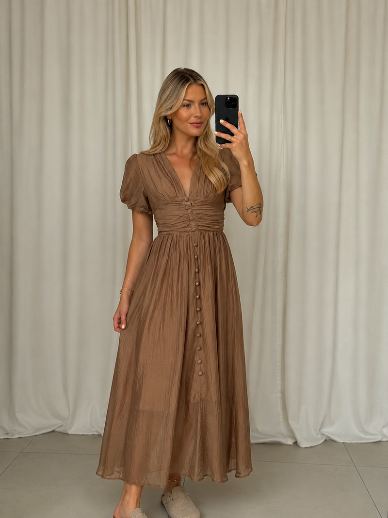 Martina | Vestido midi con botones y mangas abullonadas