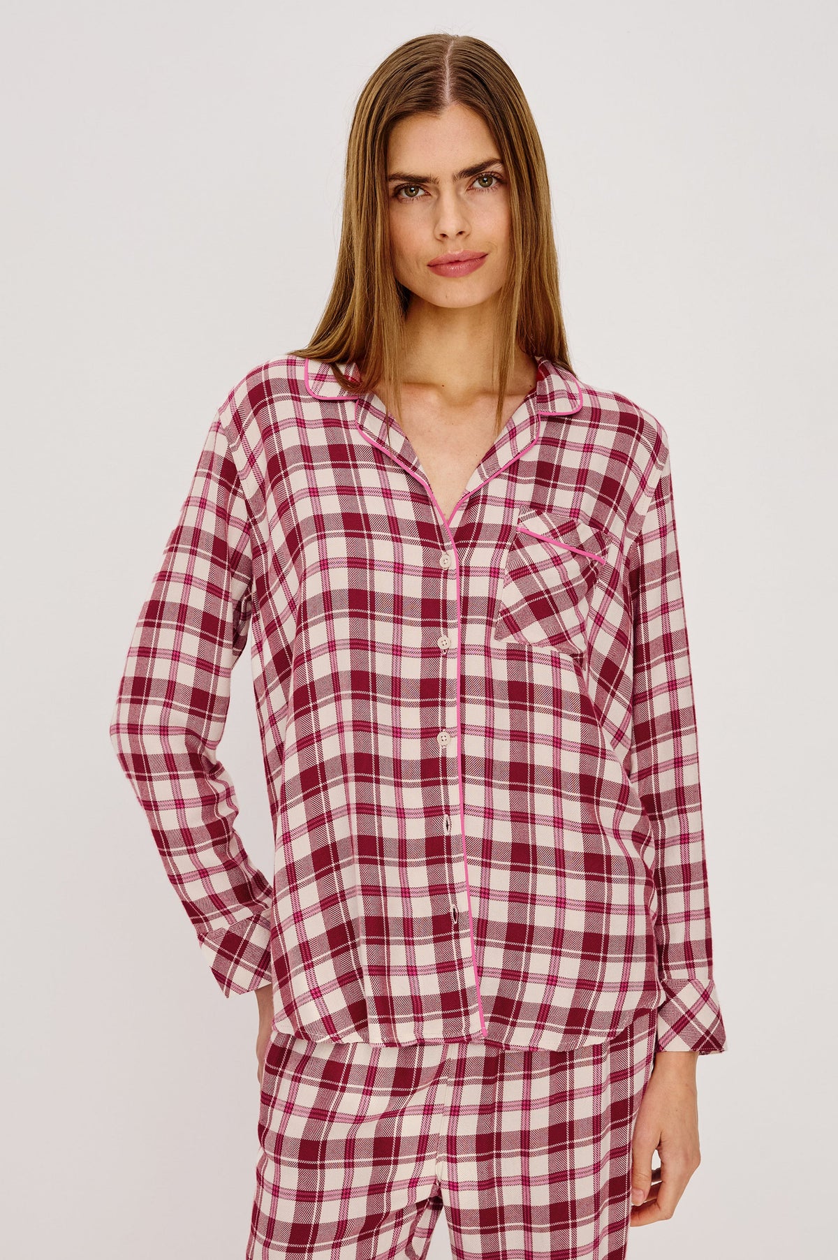 Luna | Pijama de camisa y pantalón · Rosa cardenal