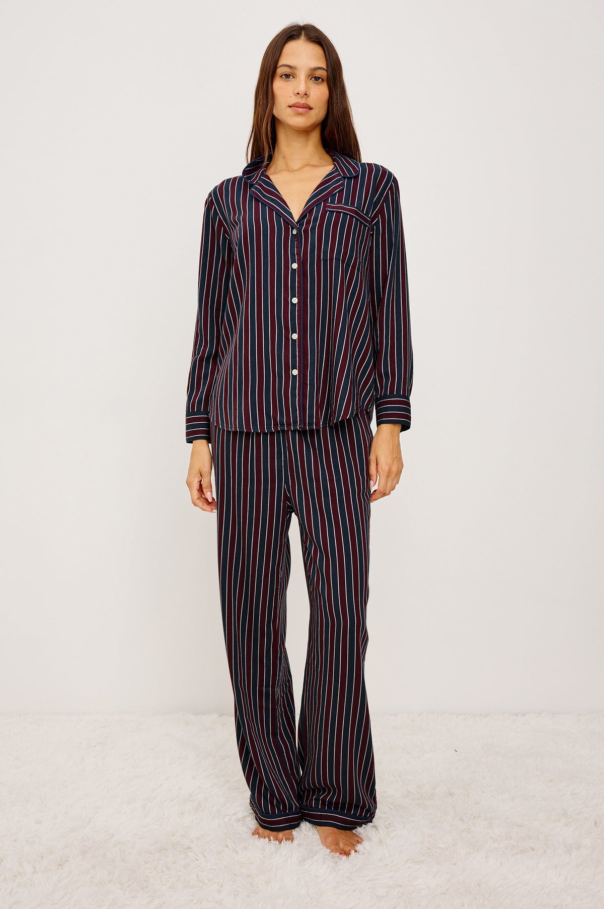 Luna | Pijama de camisa y pantalón · Rayas marino y burdeos