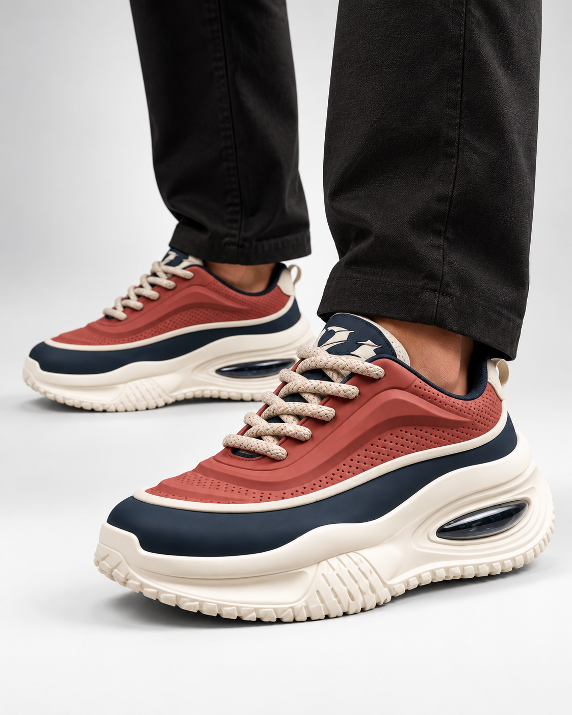 Airwave Street Sneakers coral y azul marino - modelo vista 45 grados de rodilla para abajo [vrs-color:coral-y-azul-marino]