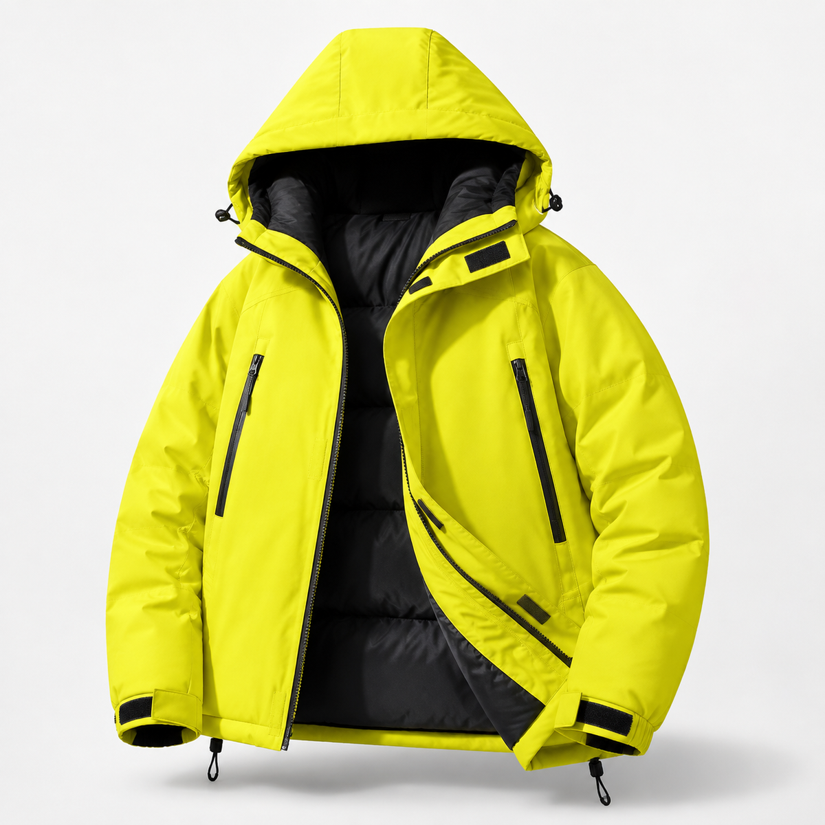 Chaqueta Técnica Axis amarillo neón abierta, interior negro