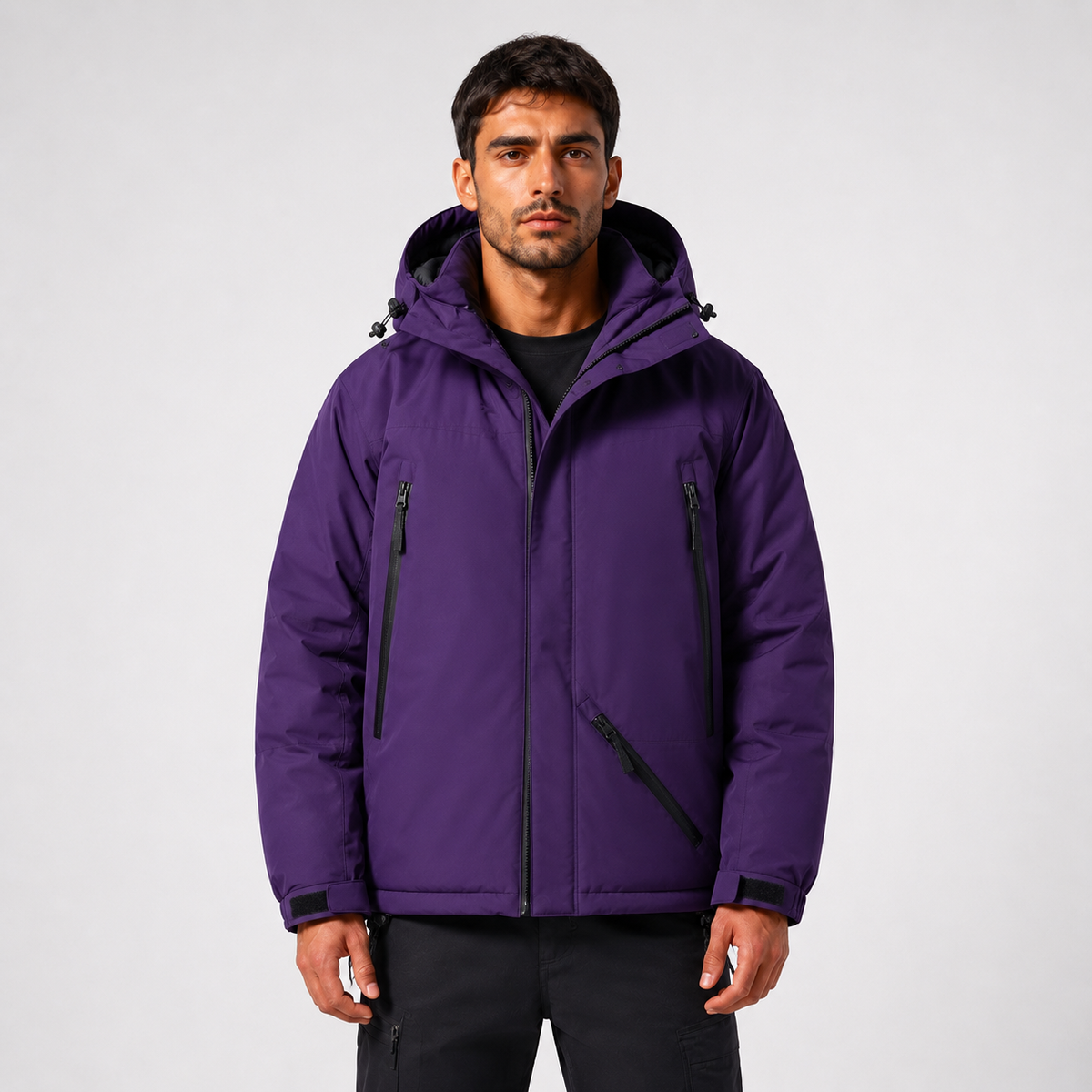 Modelo con Chaqueta Técnica Axis morada, vista tres cuartos