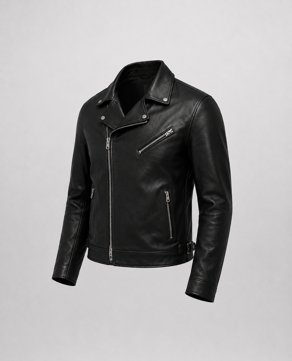 Cazadora Biker de Piel, vista de producto a 45 grados