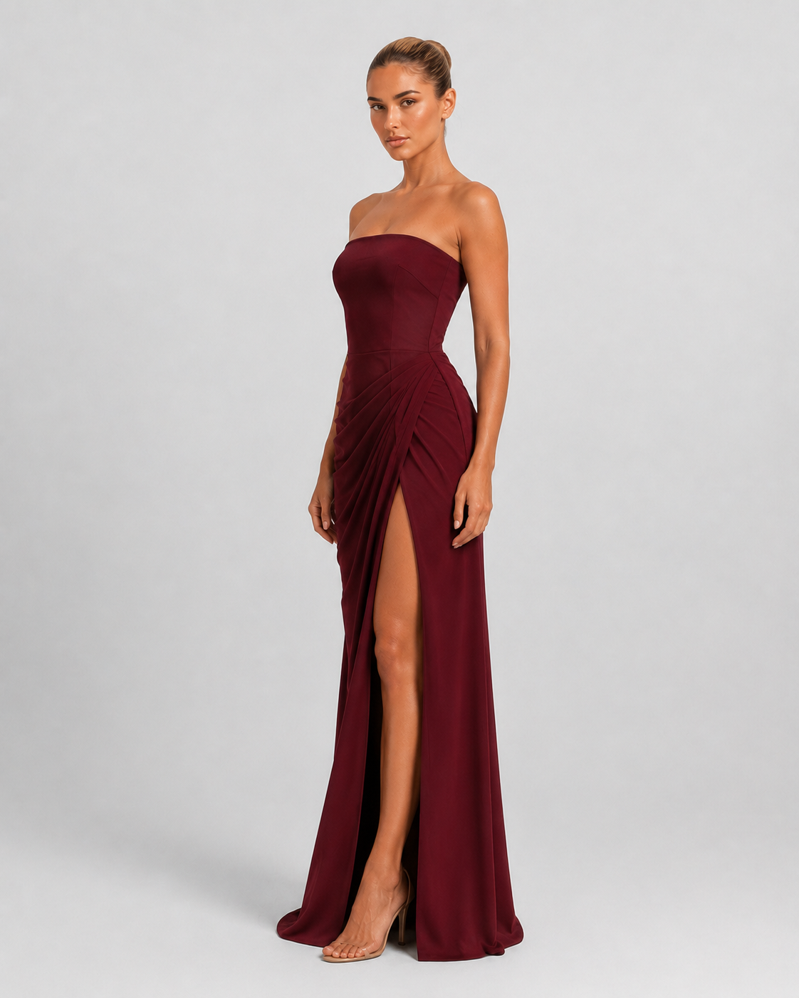 Vestido Santorini Drape burdeos - modelo 5 lateral