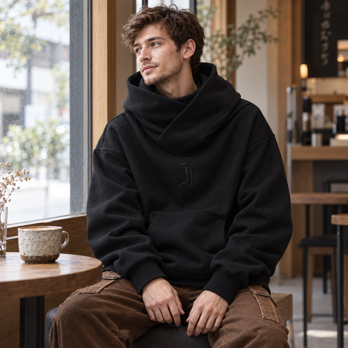 Sudadera oversize Shinobi negra con cuello envolvente