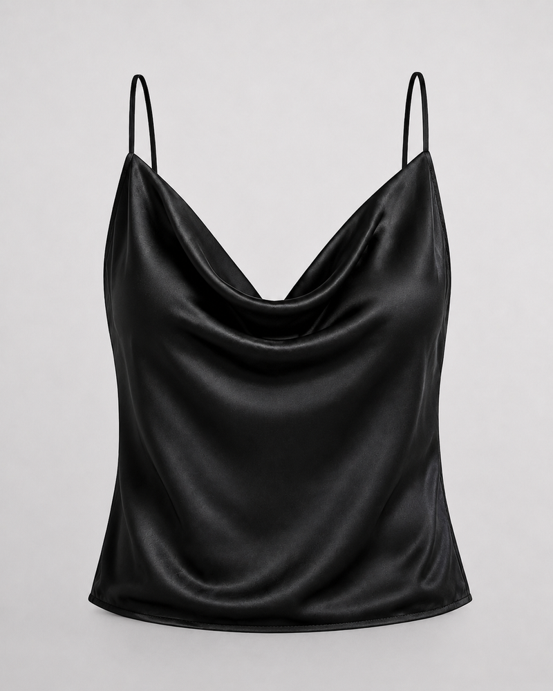 Top Capri Satin negro - detalle de escote y tejido