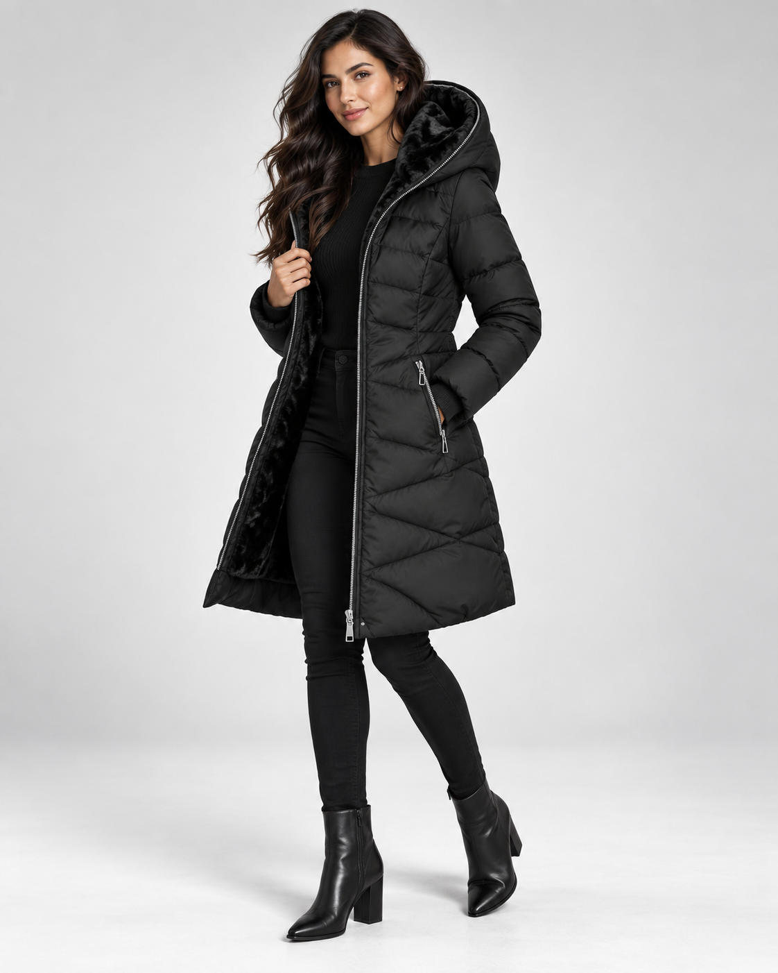 Abrigo Verona Long Puffer negro con modelo, 45 grados