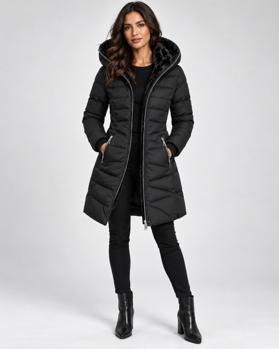 Abrigo Verona Long Puffer negro con modelo, frontal