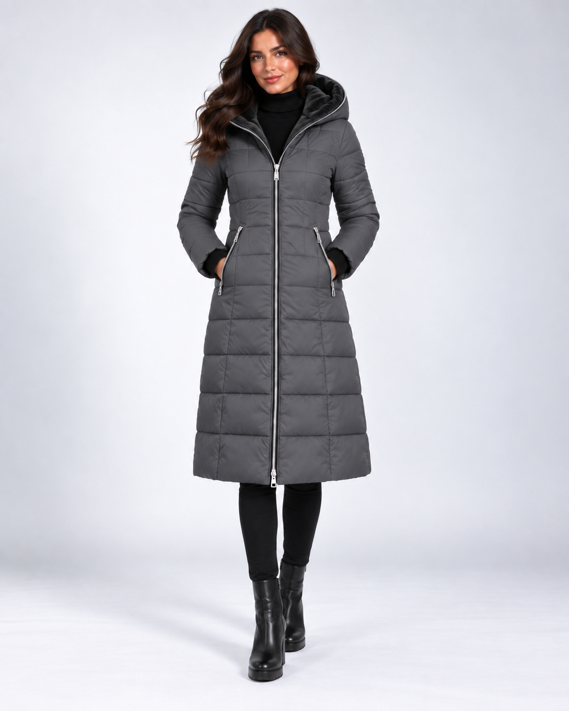 Abrigo Verona Long Puffer gris con modelo, frontal