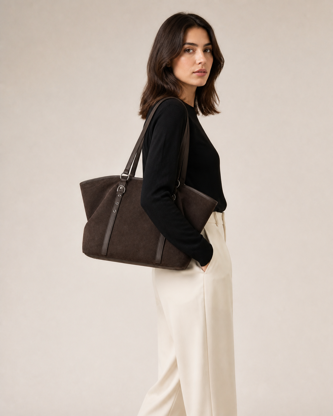 Bolso Tote Efecto Ante con Correas — modelo