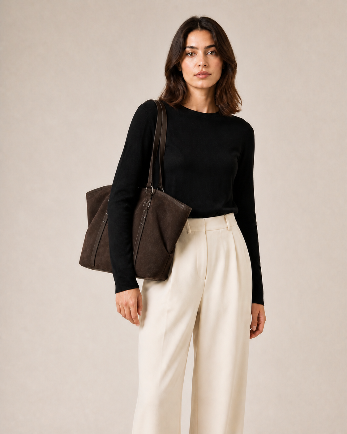 Bolso Tote Efecto Ante con Correas — modelo frontal