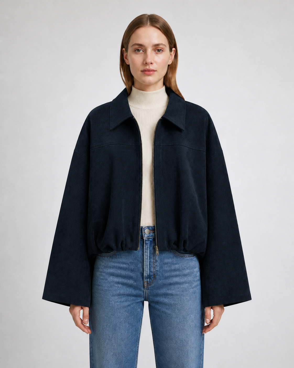 Chaqueta Bomber Efecto Ante · azul marino · modelo frontal