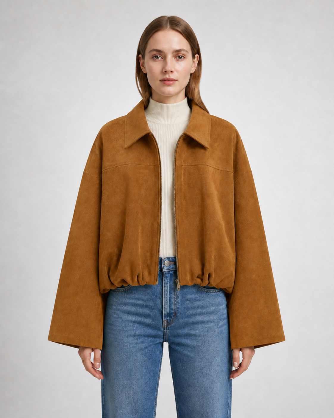 Chaqueta Bomber Efecto Ante · camel · modelo frontal