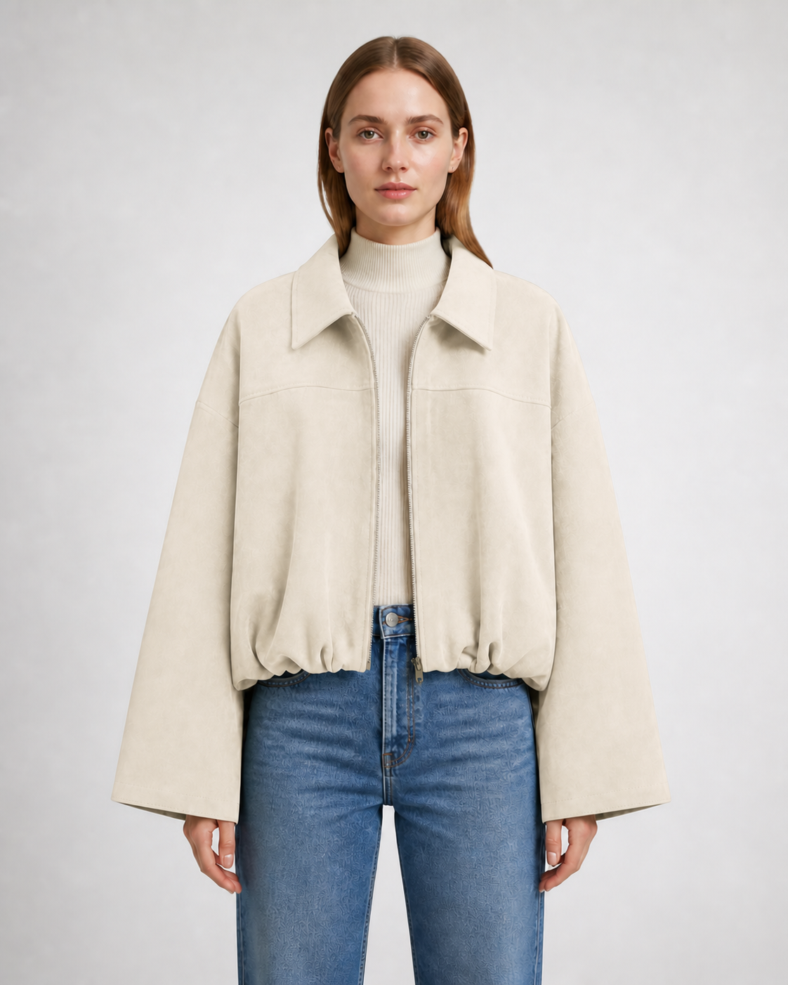 Chaqueta Bomber Efecto Ante · crudo · modelo frontal