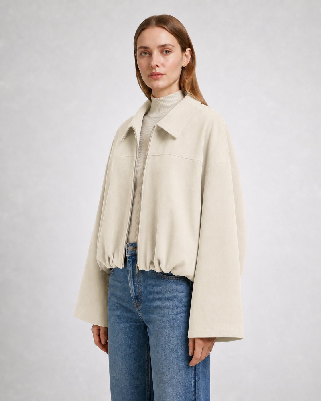 Chaqueta Bomber Efecto Ante · crudo · modelo a 45 grados