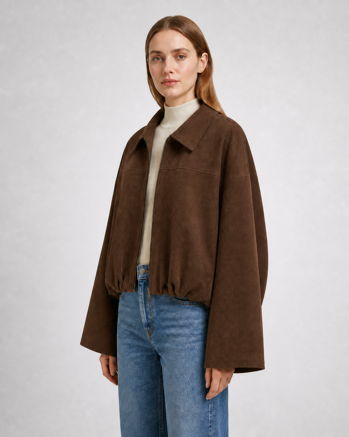 Chaqueta Bomber Efecto Ante · marron · modelo a 45 grados