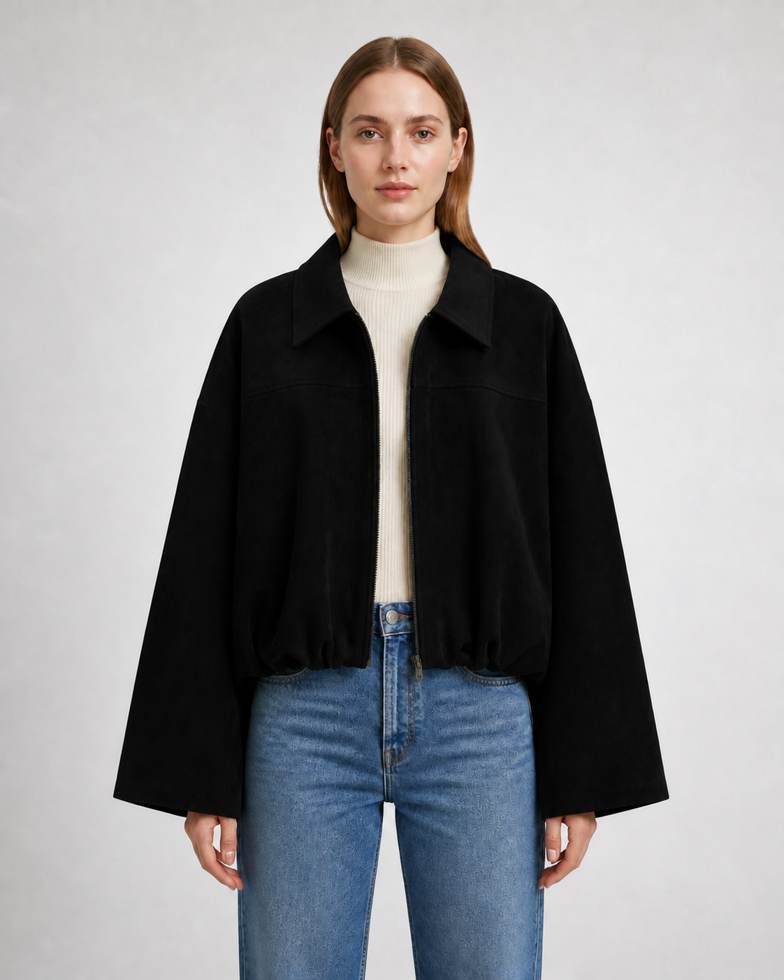 Chaqueta Bomber Efecto Ante · negro · modelo frontal