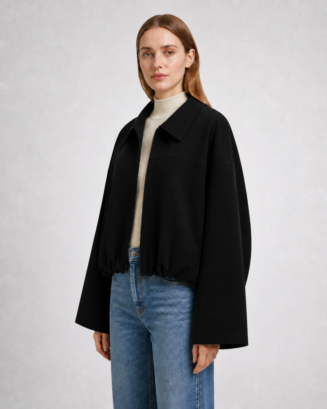 Chaqueta Bomber Efecto Ante · negro · modelo a 45 grados