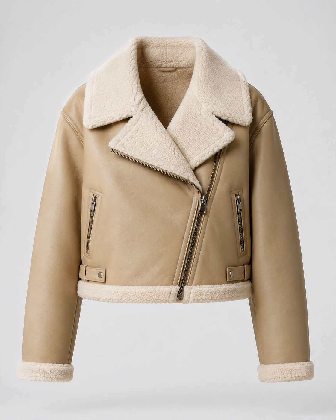 Chaqueta aviadora efecto piel con borreguito beige, prenda frontal