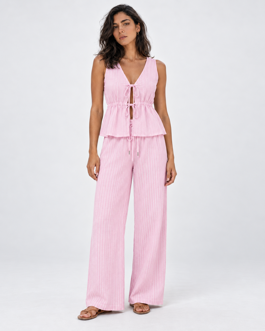 Conjunto Rayas Riviera rosa — modelo de frente