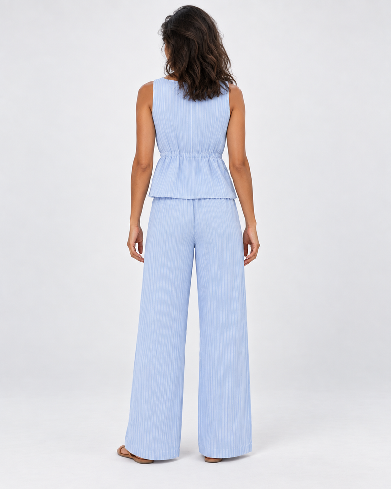 Conjunto Rayas Riviera azul claro — modelo de espalda