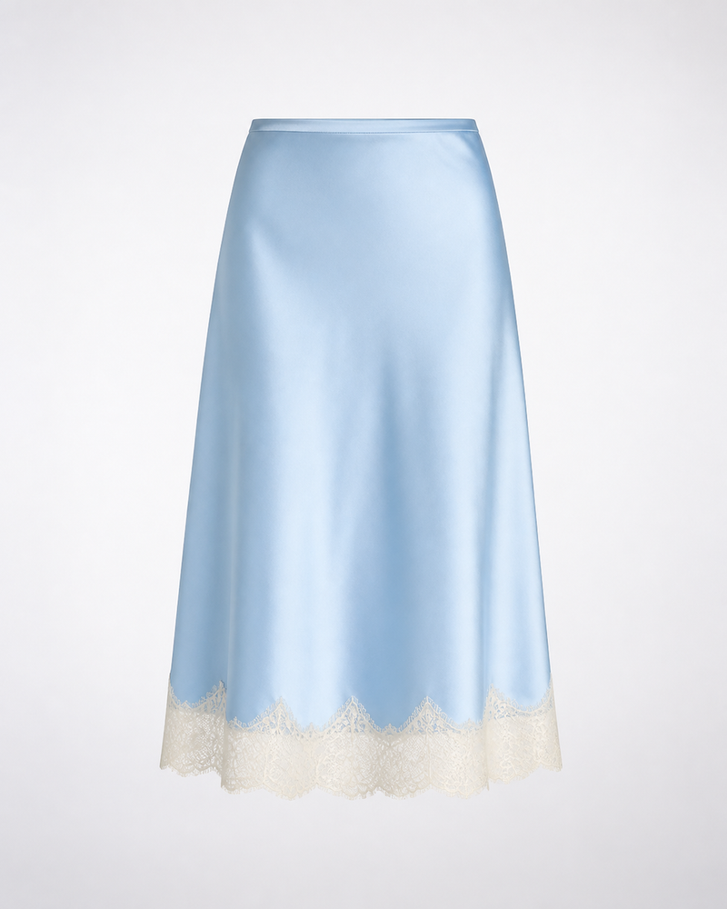 Falda Satinada con Bajo de Encaje · azul cielo · prenda frontal