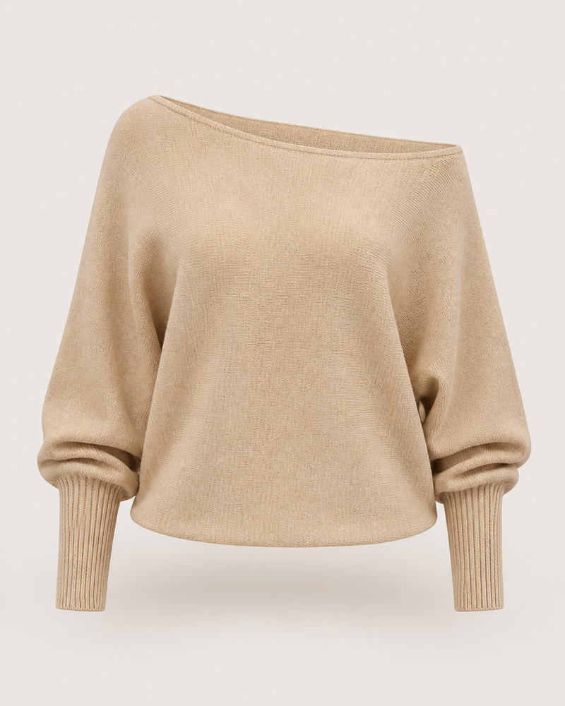 Jersey beige de punto con escote barco — vista frontal de la prenda