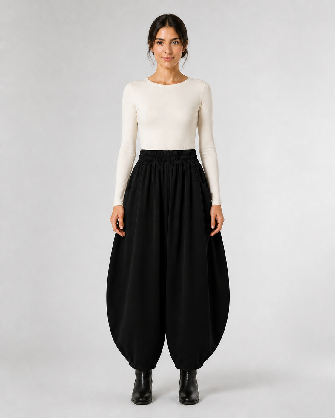 Pantalón Harem de Cintura Elástica · negro · modelo frontal