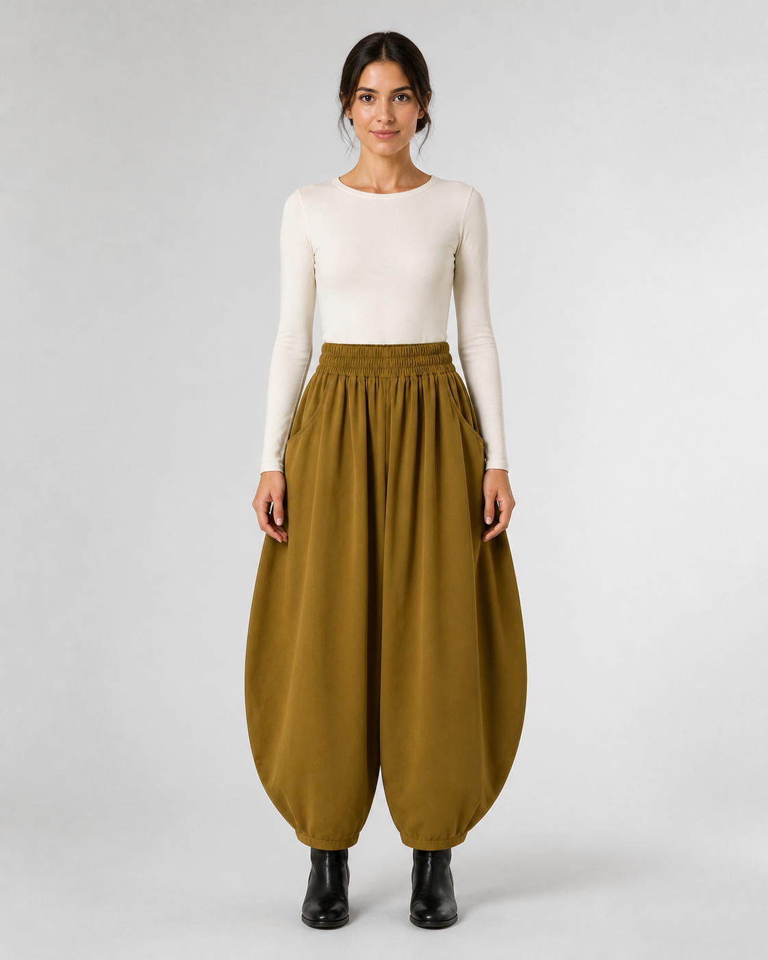 Pantalón Harem de Cintura Elástica · ocre · modelo frontal